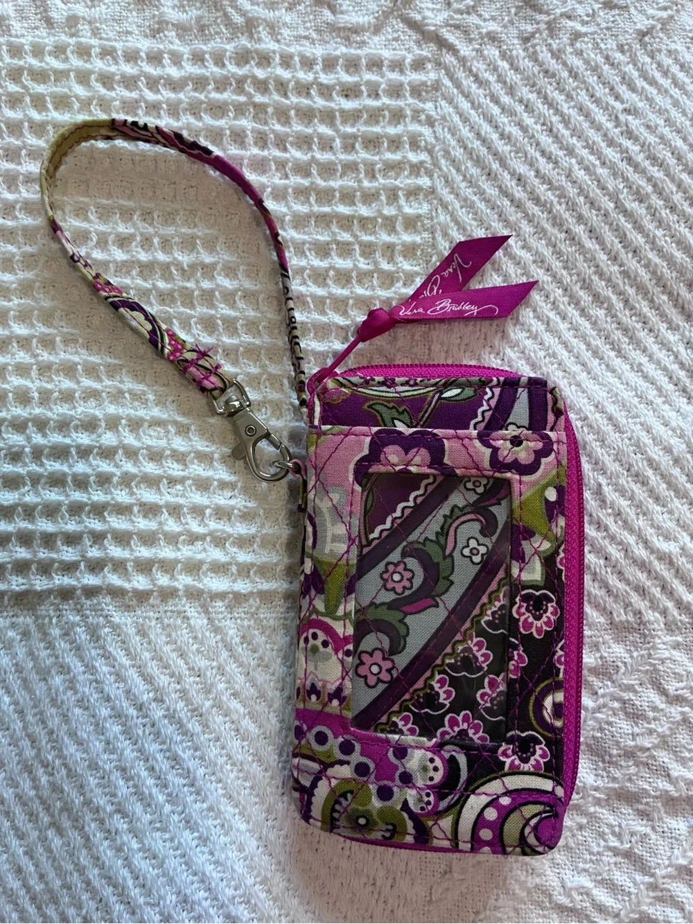 Vera Bradley Zip ID Wristlet in Very Berry Paisley pattern quilted purple pink
